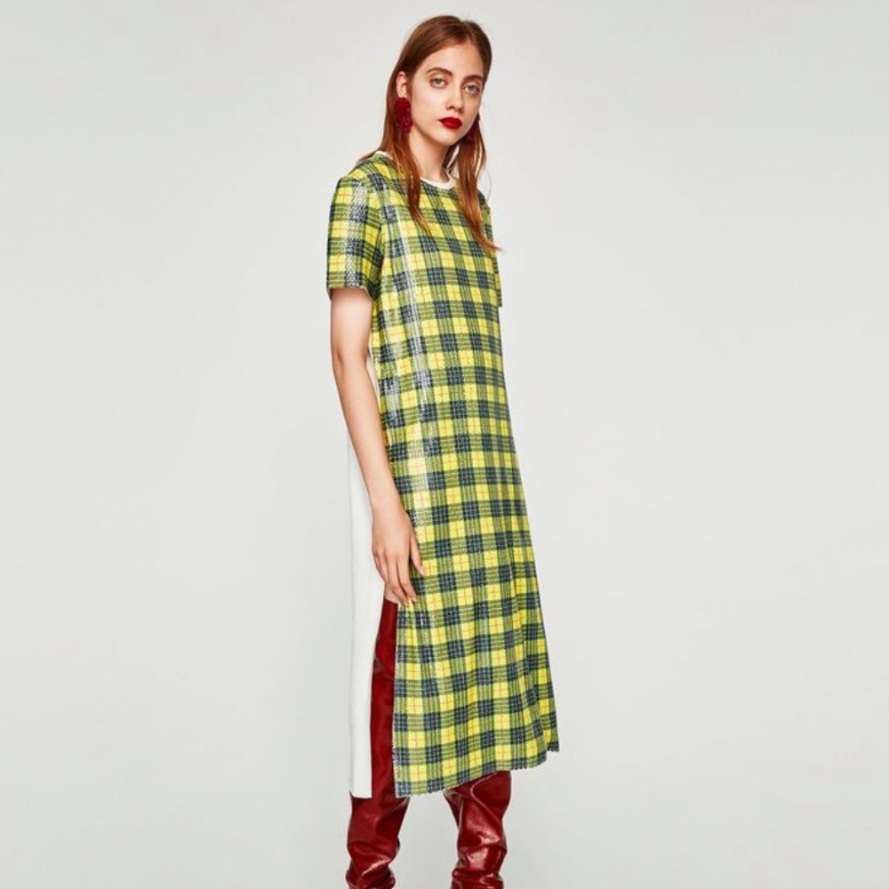 Zara Yellow and Green Plaid Midi Dress